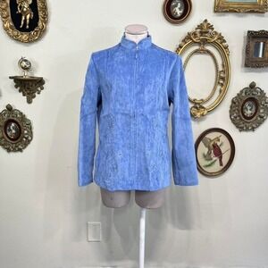 Vintage 90s Alfred Dunner Blue Zip Jacket Embroidered Soft Stretch Top